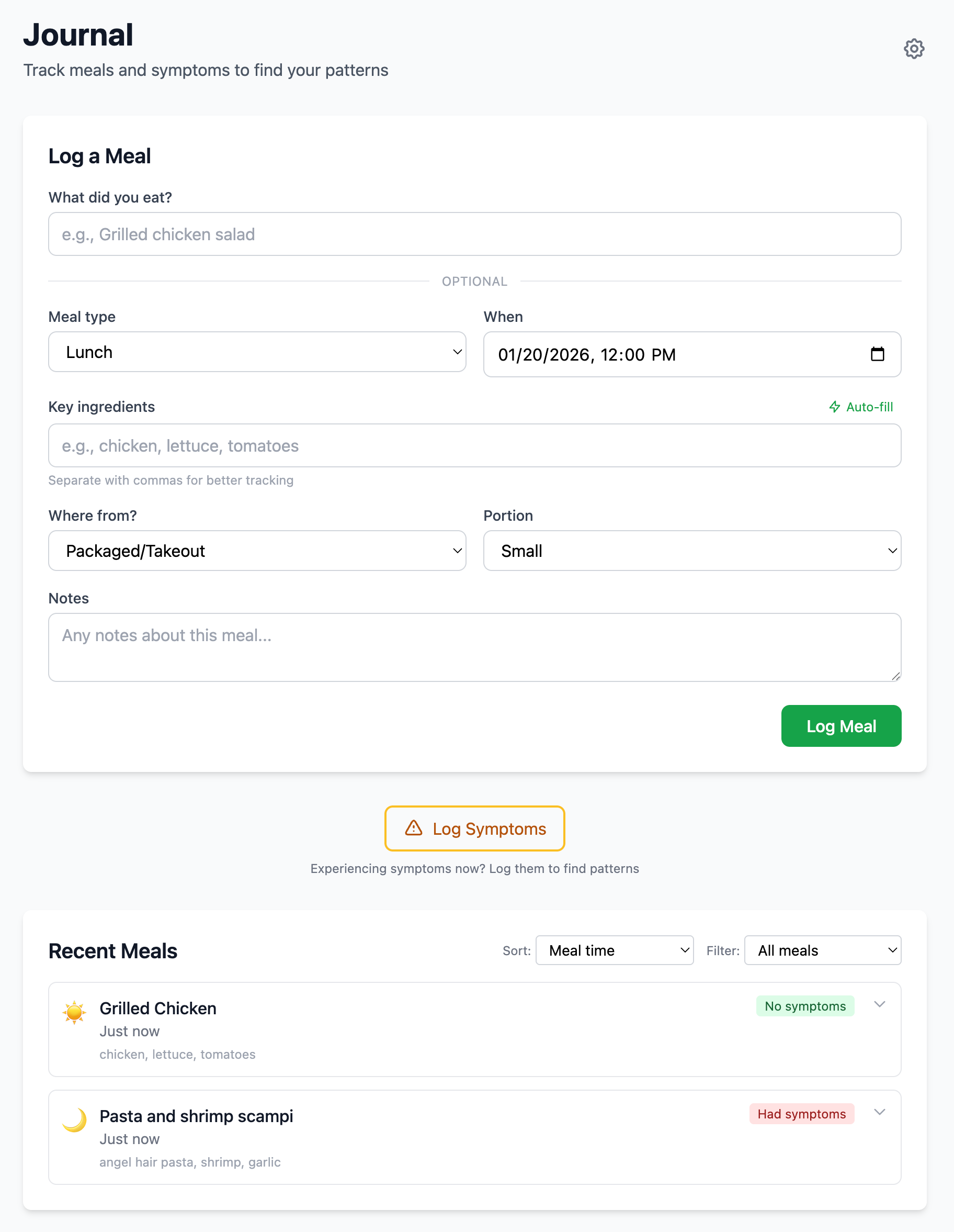 HealMeal Journal showing meal entries with symptom tracking badges
